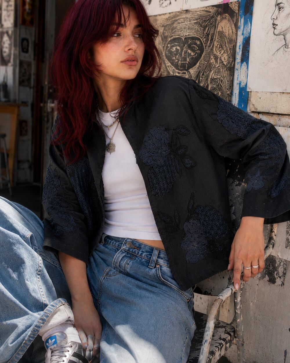 Choices Black Floral Embroidered Linen Blend Jacket Size M